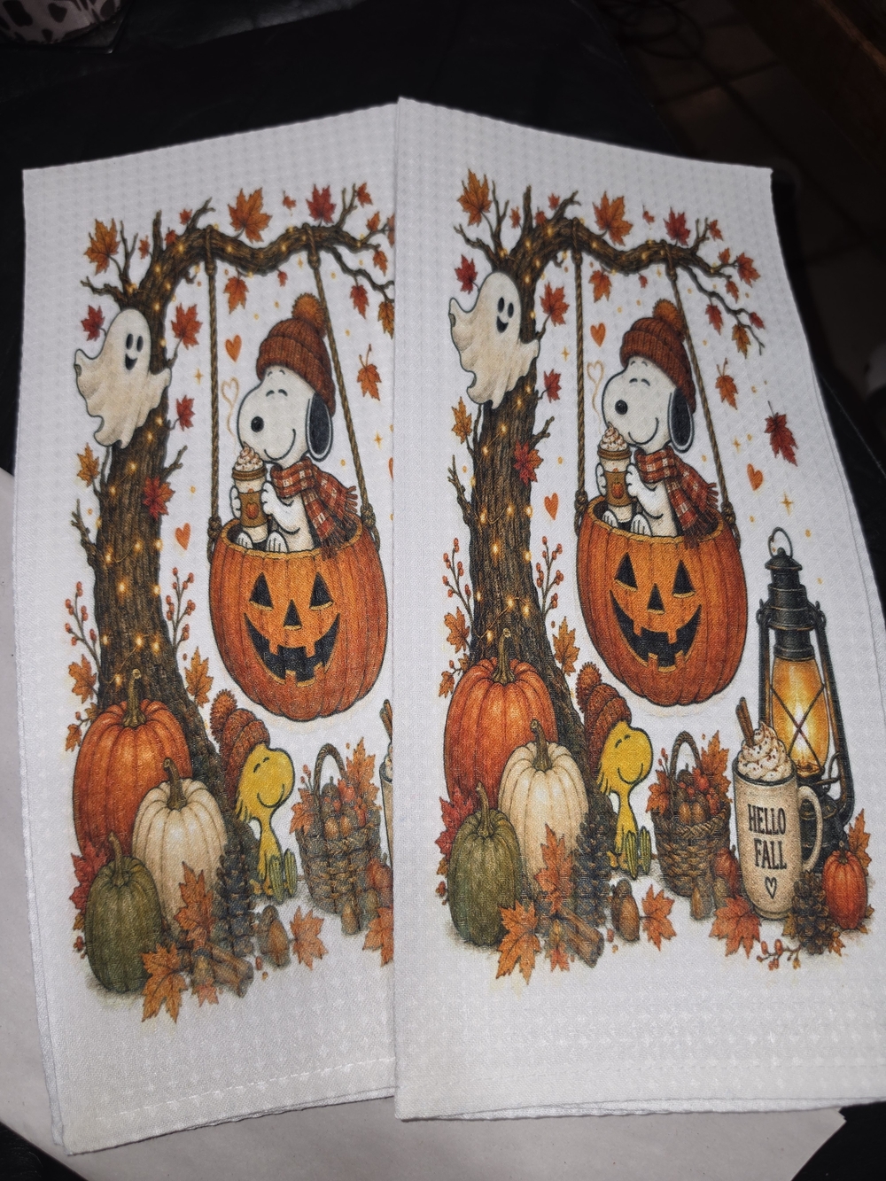 Snoopy & Woodstock Halloween Hand Towels - Orange Pumpkin Design